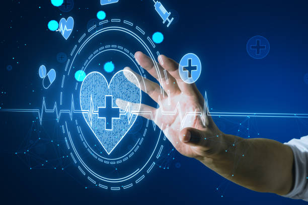 istock Close up of man hand using glowing bright medical heart interface on blurry blue background. Innovation and cardiology concept. 1728234706