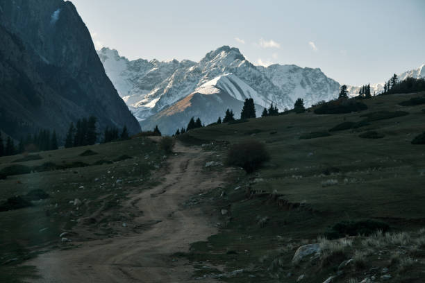 Curved road to snowcapped mountain
