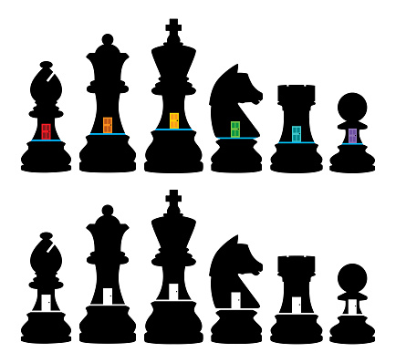 Vector illustration of chess pieces with doors on the side of them.