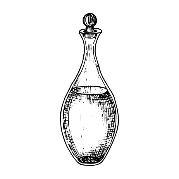 ilustraciones, imágenes clip art, dibujos animados e iconos de stock de decantador de vidrio. ilustración vectorial dibujada a mano de jarra transparente sobre fondo aislado para aceite esencial o de oliva. dibujo de botella o frasco en colores blanco y negro. boceto de arte lineal - decanter