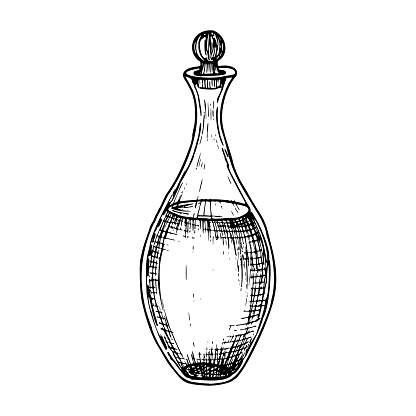 Glass Decanter. Hand drawn vector illustration of transparent Carafe on isolated background for essential or olive Oil. Drawing of bottle or flacon in black and white colors. Line art sketch.