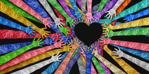 Diverse People United Diverse people United as social diversity and unity partnership as heart hands in a community group connected together shaped as a support symbol expressing the feeling of teamwork and togetherness. employee appreciation day stock pictures, royalty-free photos & images