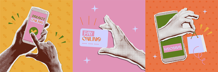 Online shopping and delivery banners set with retro halftone collage handy hands. 1990s mixed media stages of e-commerce. Vector illustration.