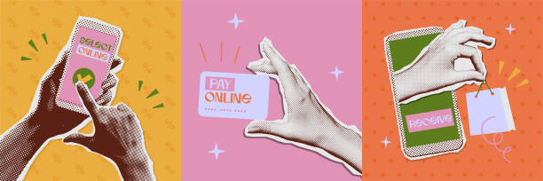 Online shopping and delivery banners set with retro halftone collage handy hands. 1990s mixed media stages of e-commerce. Vector illustration Online shopping and delivery banners set with retro halftone collage handy hands. 1990s mixed media stages of e-commerce. Vector illustration. e commerce paying buying sale stock illustrations