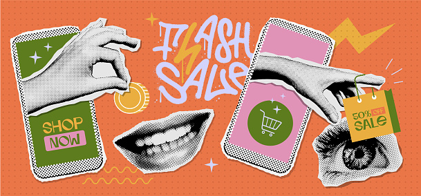 Set of retro halftone paper elements for collage. Online shopping or online sale concept stickers. Vector illustration with hand coming out of phone, giving money or taking paper bag. Vector.