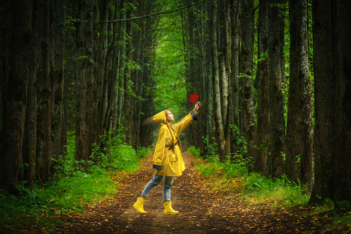 Woman in a yellow raincoat and rubber boots stretches with a leaf on the road in the park to the sunlight.