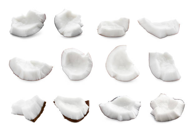 istock Set with pieces of fresh ripe coconuts on white background 1728314830
