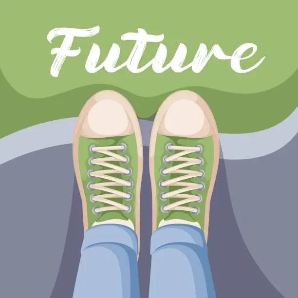 Vector illustration of Top View of Legs in Sneakers at Future Inscription