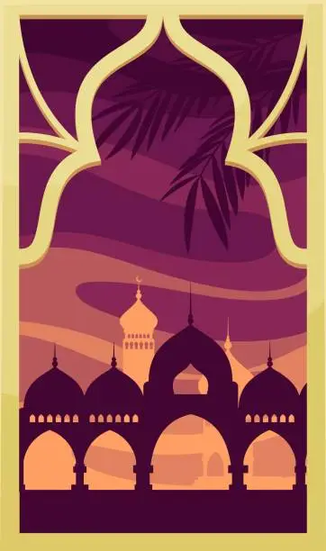 Vector illustration of Oriental Arch Window With Middle East City Landscape
