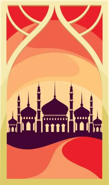 Vector illustration of Oriental Arch Window With Middle East City