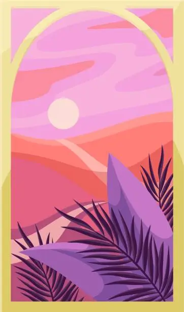Vector illustration of Oriental Arch Window With Sunset Landscape and Tropical Leaves