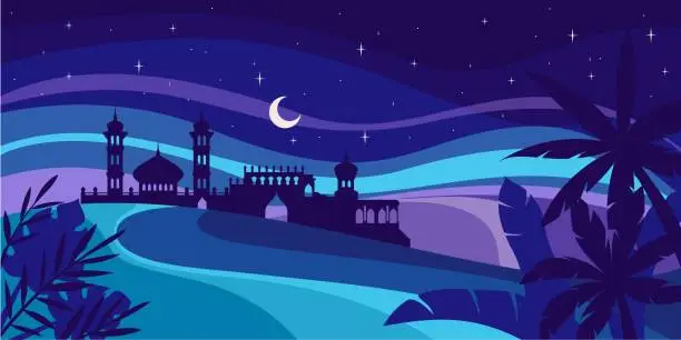 Vector illustration of Arabian Landscape With Palace in Desert at Night