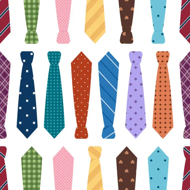 Vector illustration of Seamless pattern with neckties. Colored male ties with different ornaments on white background. Business or party accessory. Vector flat illustration