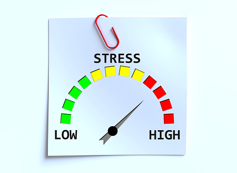 Stress loading bar, burnout syndrome and exhaustion, work life balance, low energy, high pressure, arrow point to critical scale