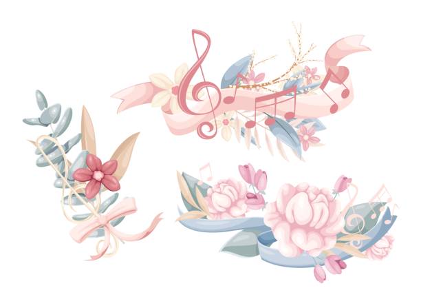 音楽とピンクの花セット - bow wave点のイラスト素材／クリップアート素材／マンガ素材／アイコン素材