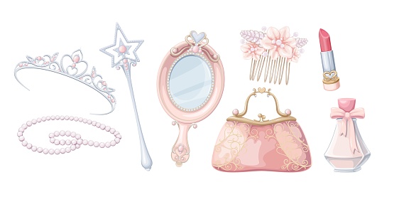 Princess jewelry and accessory set vector illustration. Cartoon isolated beauty fashion decoration of girl and makeup collection with precious mirror and princess crown, cosmetic bottle and magic wand