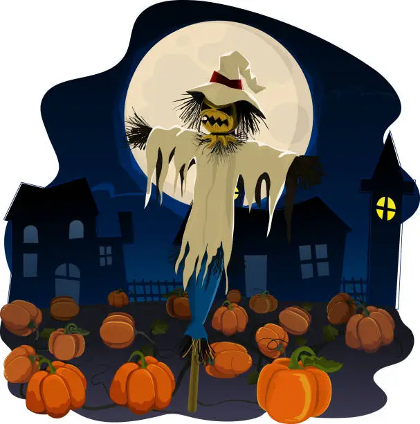Vector illustration of A Halloween night with a menacing scarecrow amidst a sea of pumpkins, illuminated by the radiant glow of a full moon