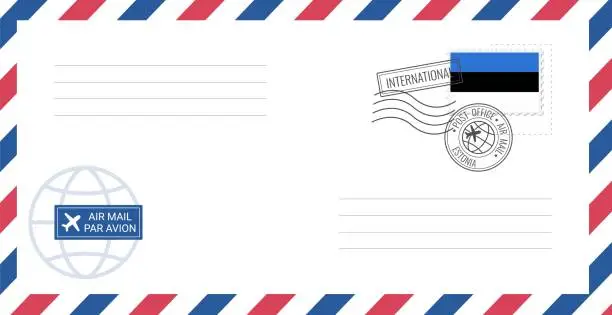 Vector illustration of Blank air mail envelope with Estonia postage stamp. Postcard vector illustration with national flag of Estonia isolated on white background.