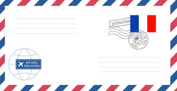 프랑스 우표가 있는 빈 항공 우편 봉투. 흰색 배경에 분리된 프랑스 국기가 있는 엽서 벡터 그림. - postage stamp design element mail white background stock illustrations
