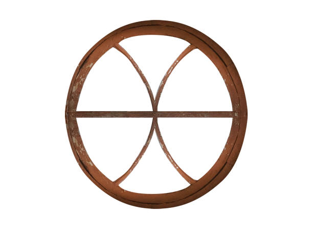 Round old wooden 19th century window isolated on white background.