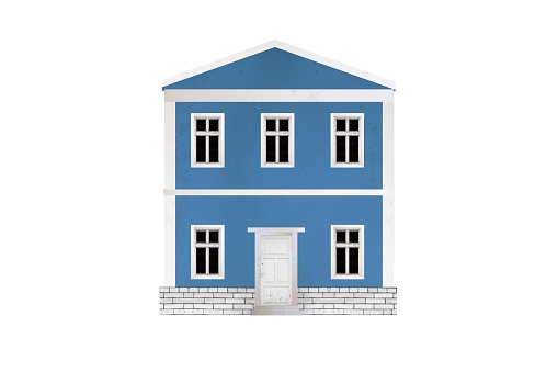 Old small blue two-storey european house with classical facade isolated on white background.