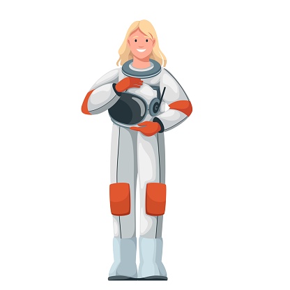 Female astronaut standing, holding helmet vector illustration. Cartoon isolated happy woman astronaut in suit for space travel, front view of cheerful spacecraft crew captain or pilot with smile