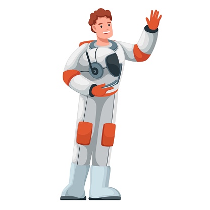 Astronaut waving vector illustration. Cartoon isolated spaceman holding helmet and hand up to say Hello, Goodbye and Welcome, happy male astronaut character in spacesuit standing and greeting