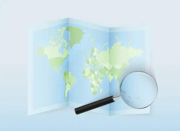 Vector illustration of A folded world map with a magnifying lens pointing towards Tuvalu. Map and flag of Italy in loupe.