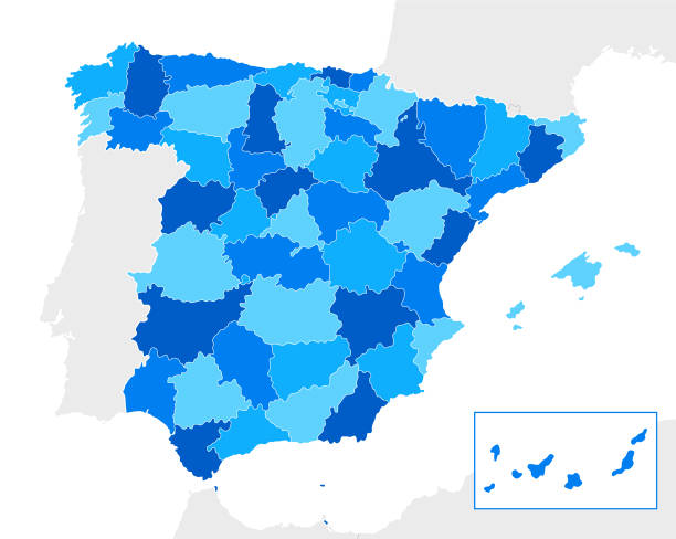 szczegółowa mapa hiszpanii niebieska z regionami i granicami państwowymi portugalii, andory, gibraltaru, francji, maroka, algierii - france gibraltar stock illustrations