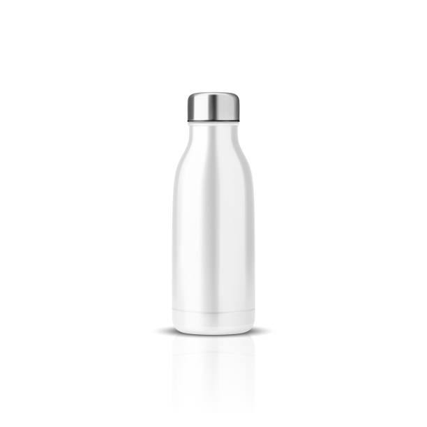 istock Vector Realistic 3d White Blank Glossy Metal Reusable Water Bottle with Silver Bung Closeup Isolated on White Background. Design template of Packaging Mockup. Front View 1728429227