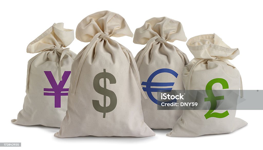 Global Finance Money bags representing four of the world's most important currencies.To see more of my financial images click on the link below: Bag Stock Photo