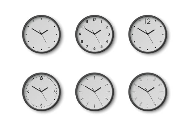 Vector 3d Round Wall Office Clock with White Clock Dial Set Closeup Isolated. Watches, Design Template, Mock-up for Branding, Advertise. Vector Simple Minimalistic Clocks, Watches in Front View Vector 3d Round Wall Office Clock with White Clock Dial Set Closeup Isolated. Watches, Design Template, Mock-up for Branding, Advertise. Vector Simple Minimalistic Clocks, Watches in Front View. clock wall clock face clock hand stock illustrations