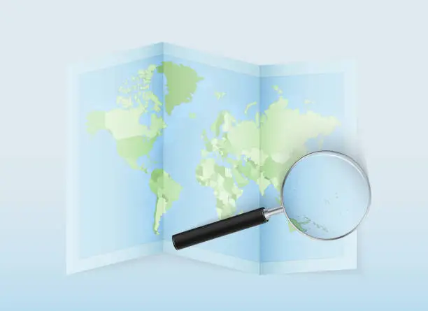 Vector illustration of A folded world map with a magnifying lens pointing towards Marshall Islands. Map and flag of Italy in loupe.