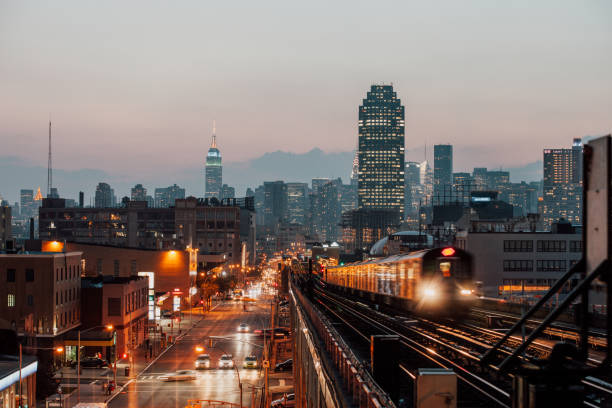 New York skyline at sunset seen from a subway station