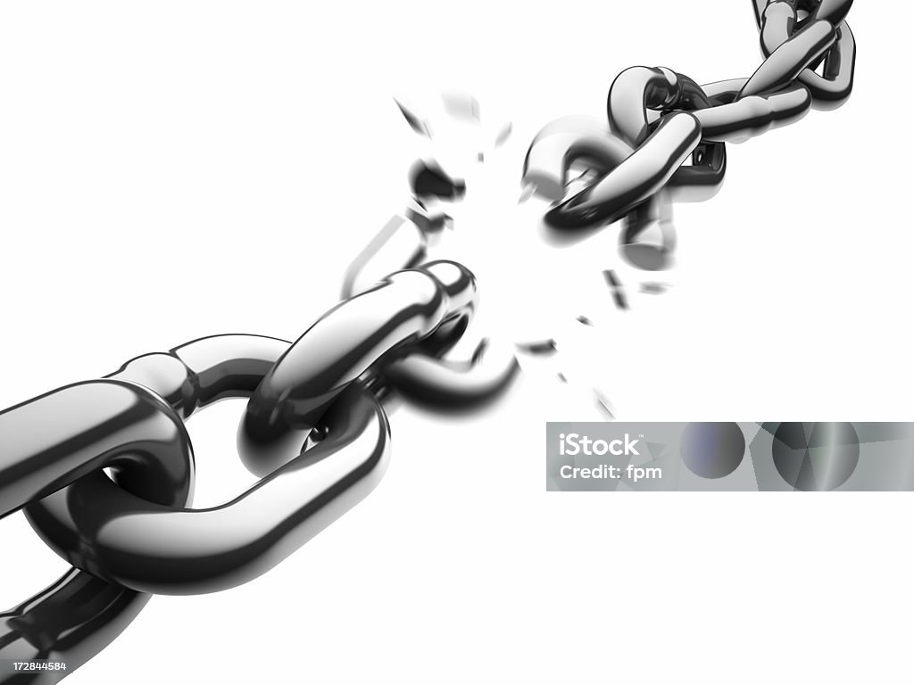 Chain Breaking Royalty free 3d rendering of breaking chain with flying fragments. Chain - Object Stock Photo