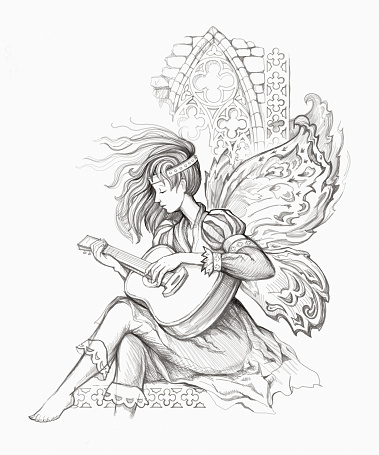 Fairy of music. Fantasy portrait of beautiful girl from medieval legend playing guitar. Pencil drawing. Black and white illustration. Print for fabric or tattoo.