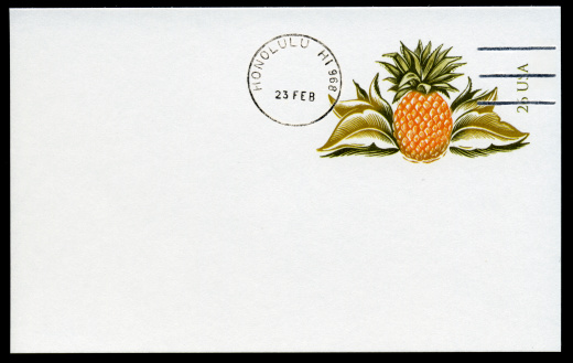 A commemorative postal card issued by the United States Postal Service in 2007 depicting a pineapple and canceled in Honolulu. Ready for addressing and mailing.