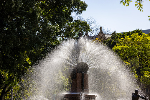 Dubno, Ukraine - June 7, 2021: Dubno castle. Fountain