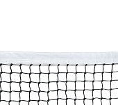 A close-up of a tennis net on a white background