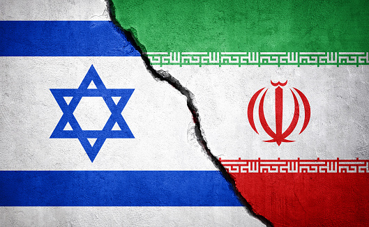 Iran and Israel conflict. Flags on broken wall. 3D illustration.