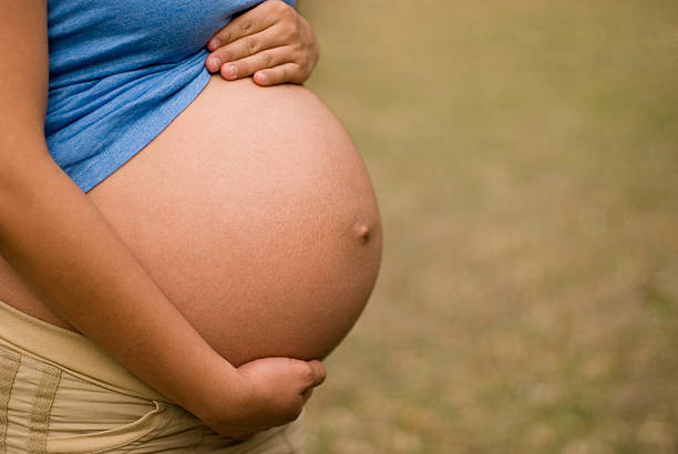 istock Pregnant woman holding stomach, mid section, side view 172847792
