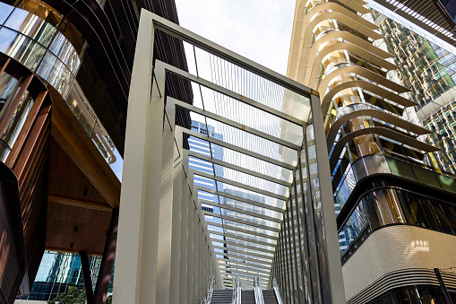Pedestrian bridge in city with modern office buildings around, skyscrapers, Sydney NSW, background with copy space, full frame horizontal composition