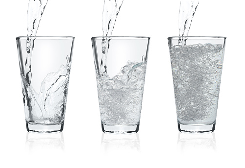Pouring soda water into glasses on white background, collage