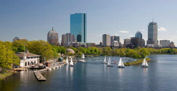 view across the Charles River onto the skyline of Boston.