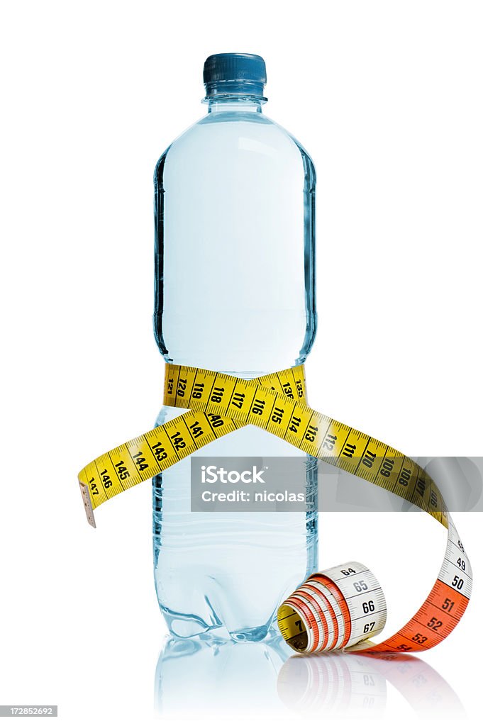 Healthy Lifestyle "Water bottle & tape measure, isolated on white" Bottle Stock Photo