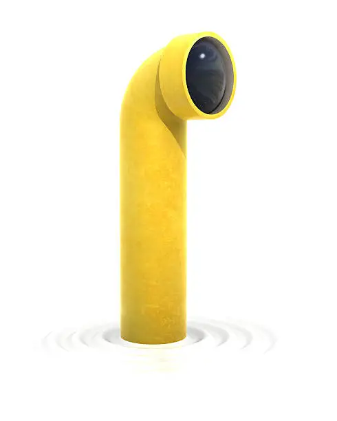 Yellow periscope on a white background.Could symbolize taking a peek while keeping yourself concealed.