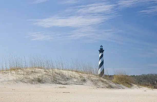 The Hatteras Lighthouse in North Carolina stands back on the beach behind the dunes.