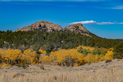 Autumn colors and extreme terrain in the Medicine Bow National Forest of Wyoming in western USA of North America. Nearest cities are Laramie and Cheyenne Wyoming and Denver, Colorado.