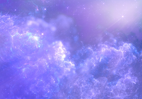 Abstract fractal art background which suggests heavenly clouds or a nebula and stars in space.