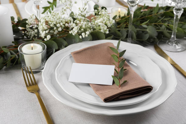 istock Luxury table setting with beautiful decor and blank card. Festive dinner 1728569646
